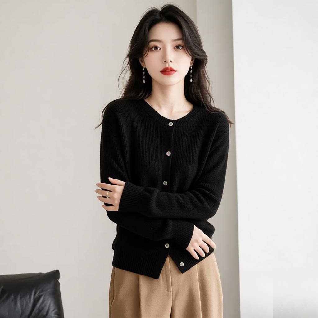 秋季新款针织衫薄款针织开衫女款黑色圆领毛衣慵懒松弛感上衣外套