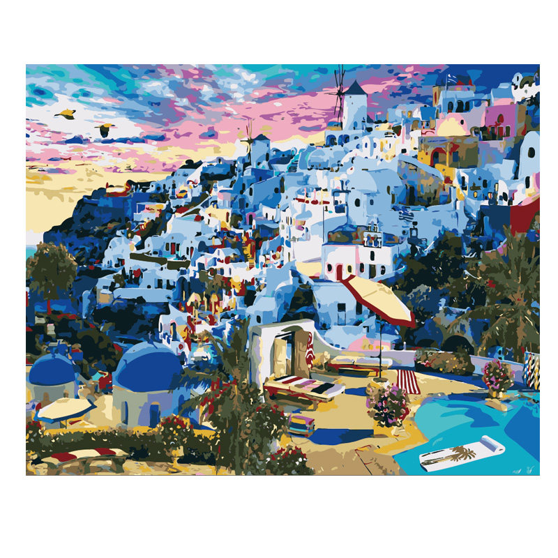 数字油画手工填充希腊爱琴海圣里尼风景手绘画画涂色油彩画