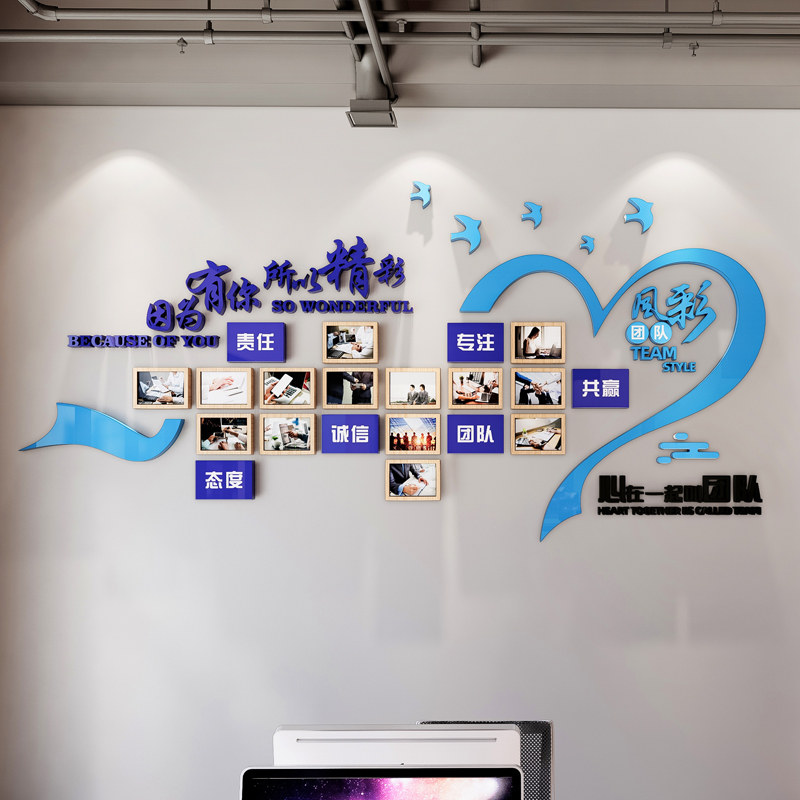 员工风采办公室装饰布置团队励志墙纸立体公司展示照片墙