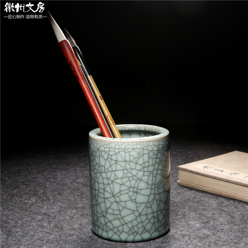 文房笔筒青瓷创意文具陶瓷精品多功鼓型办公笔筒书法