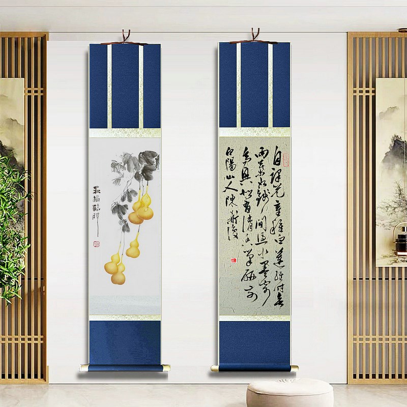 晋唐风韵端宣卷轴仿唐裱半生半熟毛笔练字绘画画轴藏青复古立轴麻