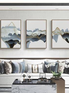 风林雨歇新中式轻奢客厅装饰画三联山水风景挂画蓝色抽象金线条