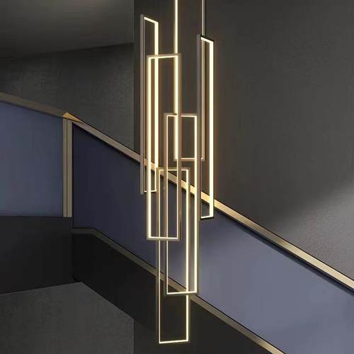 楼梯吊灯现代简约别墅复式楼中空loft旋转楼梯间极简超长方框灯具