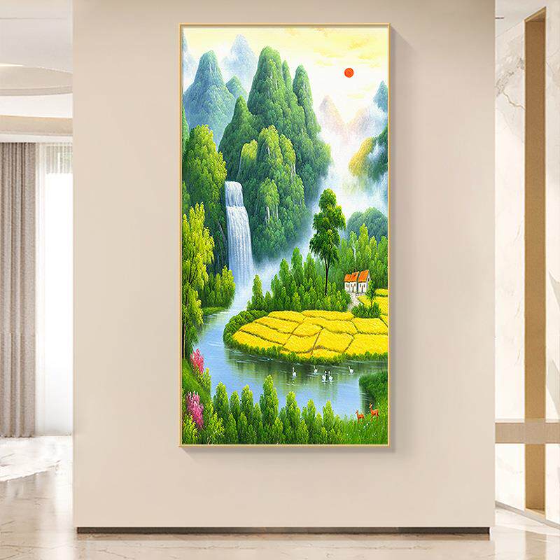 聚宝盆油画玄关装饰画走廊过道山水风景招财壁画客厅竖版轻奢挂画