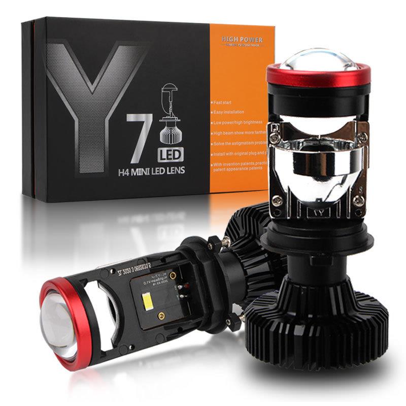 H4汽车LED大灯通用灯泡带透镜Y7型车灯远近一体聚光12v前照灯