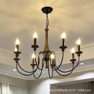 华诗源复古木艺蜡烛吊灯别墅法式中古餐厅客厅灯具胡桃木色复古风