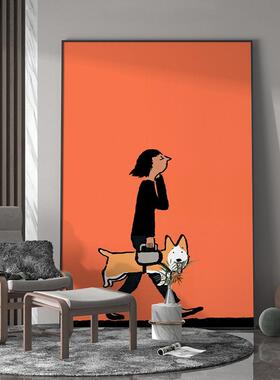 客厅玄关装饰画橙色女孩遛狗卡通柯基小狗儿童房壁画艺术竖版挂画