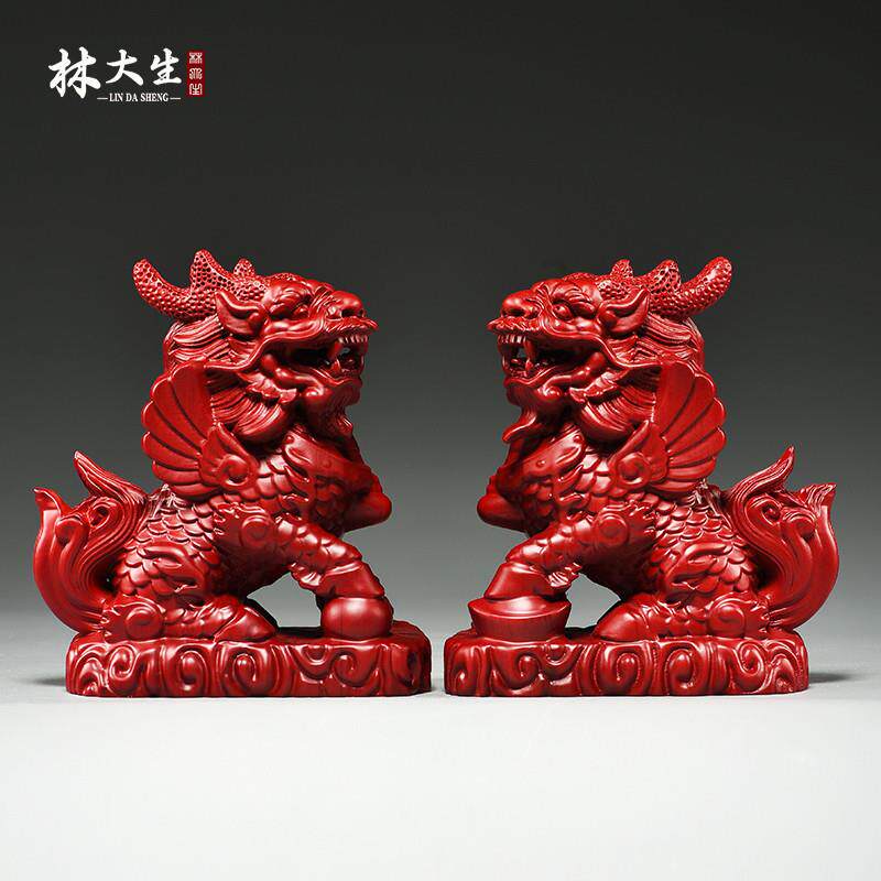 红色木质雕刻麒麟摆件实木一对火麒麟客厅电视柜玄关装饰开业送礼