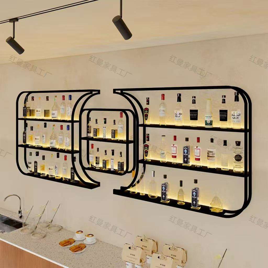酒吧多层酒柜吧台发光红酒展示架餐厅现代简约靠墙铁艺酒架壁挂式