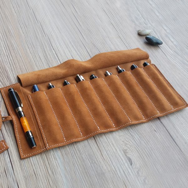 手工真皮大容量卷笔帘简约多功能牛皮钢笔保护套创意复古收纳笔袋