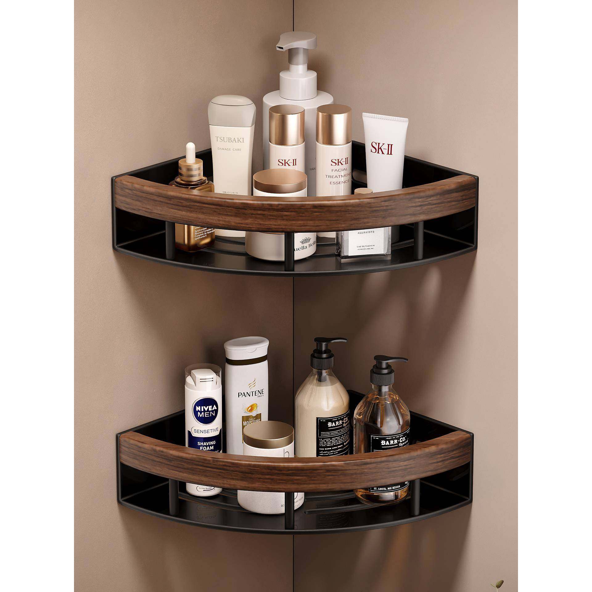 胡桃木浴室三角置物架免打孔卫生间淋浴房洗漱台厕所转角收纳挂架