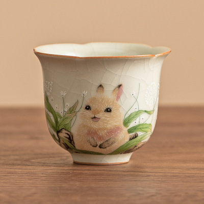 兔子汝窑葵口花瓣杯陶瓷功夫茶杯主人杯单杯可爱泡茶具品茗杯茶盏