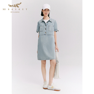十二篮26夏新款浅做旧水洗牛仔连衣裙设计感高腰线直筒裙休闲时尚