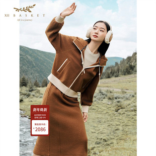 绒感100%绵羊毛外套连帽休闲女 25冬新款 XII BASKET十二篮商场同款