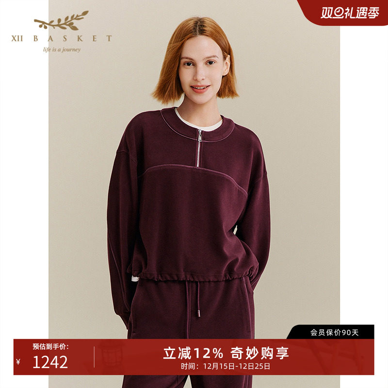 十二篮安可拉红绒面圆领卫衣女