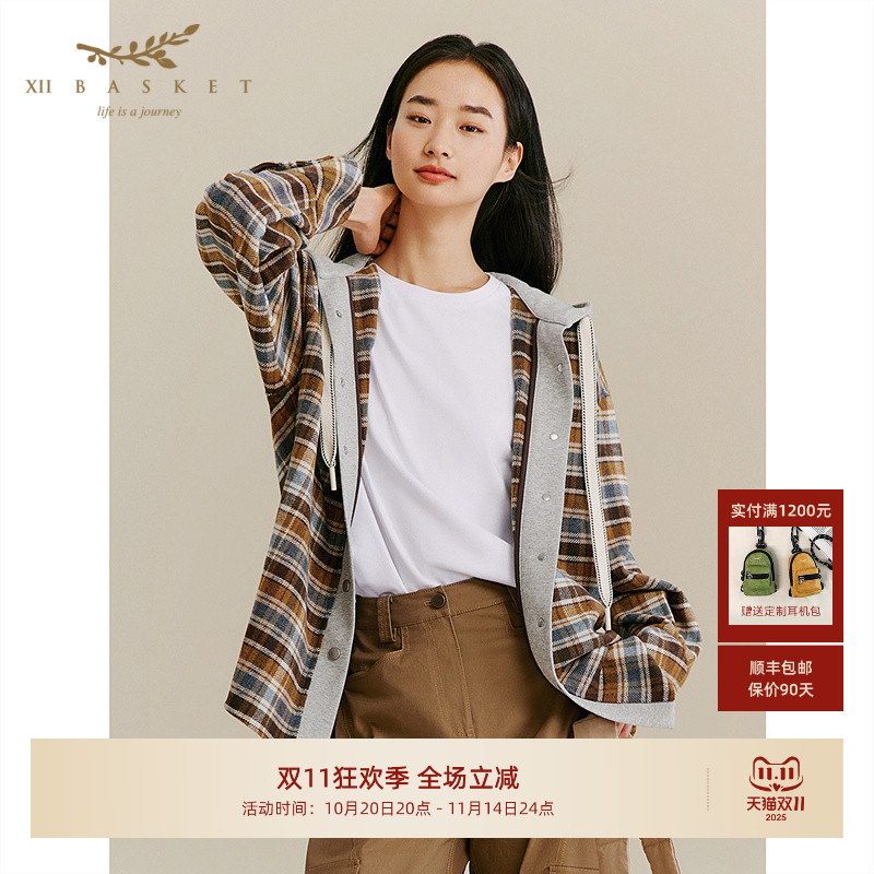 十二篮复古美拉德格纹羊毛衬衫女