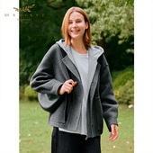 十二篮专选25冬新款 智感通勤100%绵羊毛大衣女连帽休闲外套