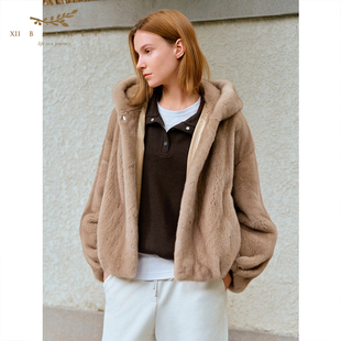 十二篮专选25冬新款 摩登年轻皮草水貂连帽外套女高级感休闲