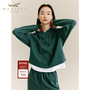 时尚 高级感深草绿运动薄款 连帽卫衣女 BASKET十二篮2025秋新款 XII