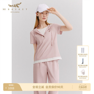 十二篮26夏新款零感速干山系假两件连帽短袖休闲上衣女淡粉
