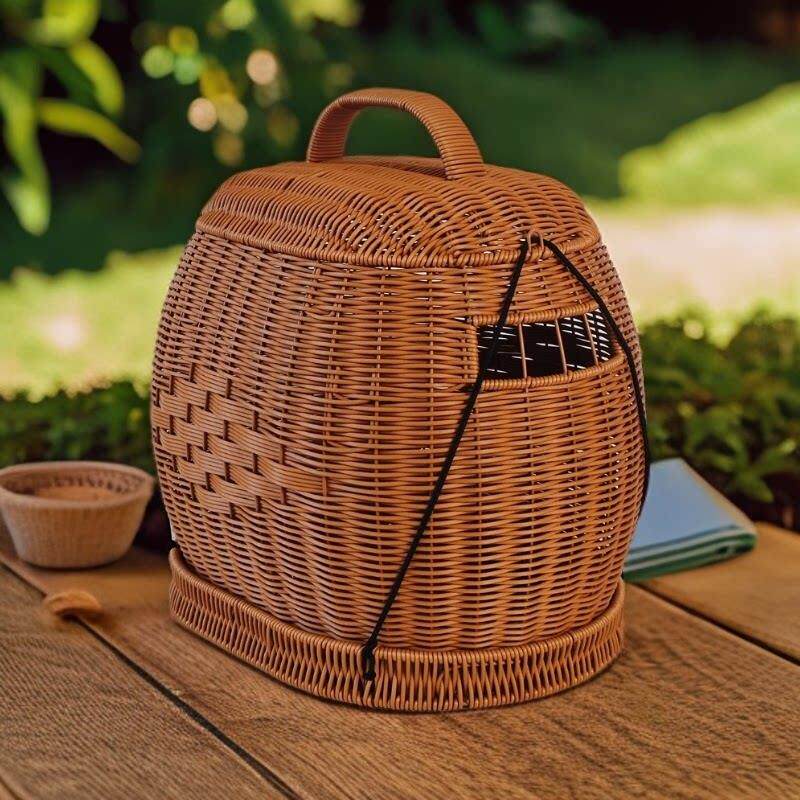 手工编织七彩山鸡养殖笼手提宠物鸡笼户外带盖媒鸡笼田园风仿藤编