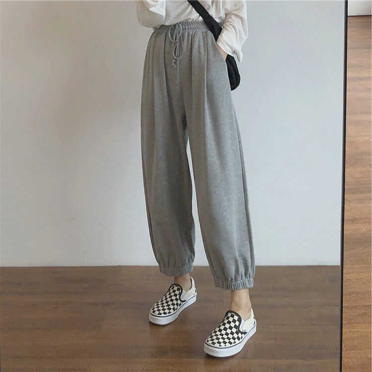 大尺码休闲 运动裤女夏季薄款胖mm高腰束脚卫裤小个子显瘦阔腿九
