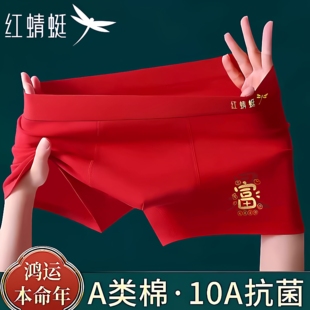 鸿运喜庆平角裤 红色10A抗菌本命年结婚四角裤 纯棉内裤 红蜻蜓男士