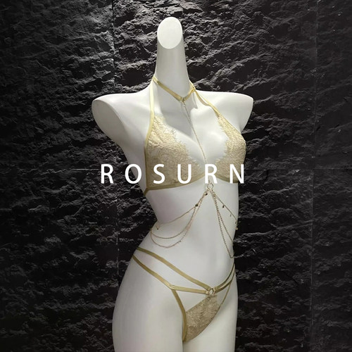 夜曲蔷薇「鎏金赌局」性感挂脖垂链蕾丝三点式文胸内衣套装女