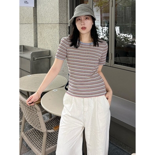 新款 纯棉短袖 麦德龙夏季 圆领彩色条纹薄款 上衣 针织衫 女通勤修身