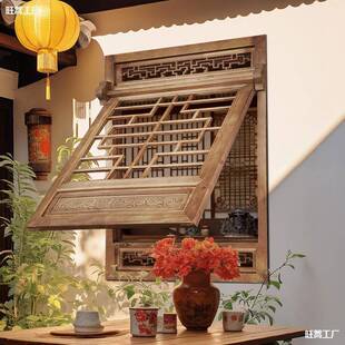 上仿古门窗木雕实木花格中式窗户复古风翻做旧茶室推拉窗镂空松木