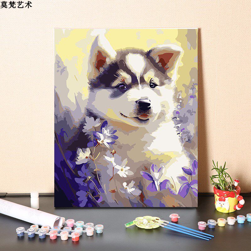 数字油画手工填充小奶狗博美柯基柴犬田园犬涂色丙烯油彩画画