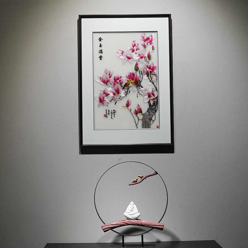 苏绣成品挂画金玉满堂玉兰鸟新纯手工苏州刺绣艺术品装饰画