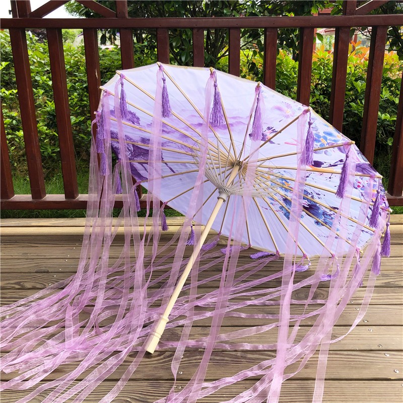 粉色飘带流苏伞 红色古风伞 白色汉服配饰伞古代古装拍照道具绸伞