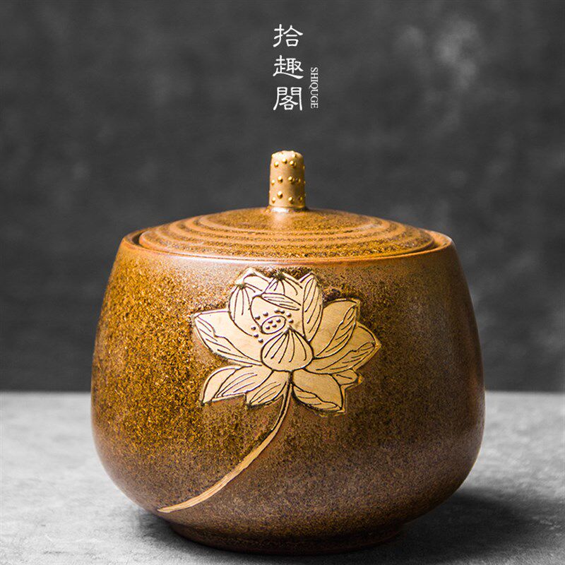 手工粗陶茶叶罐鎏金储茶罐密封罐复古茶叶桶茶缸大号普洱茶盒