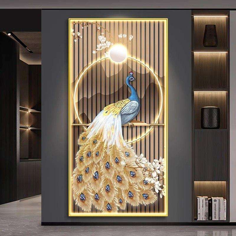 孔雀新中式玄关挂画正对门走廊尽头装饰画发光led灯入户轻奢大气