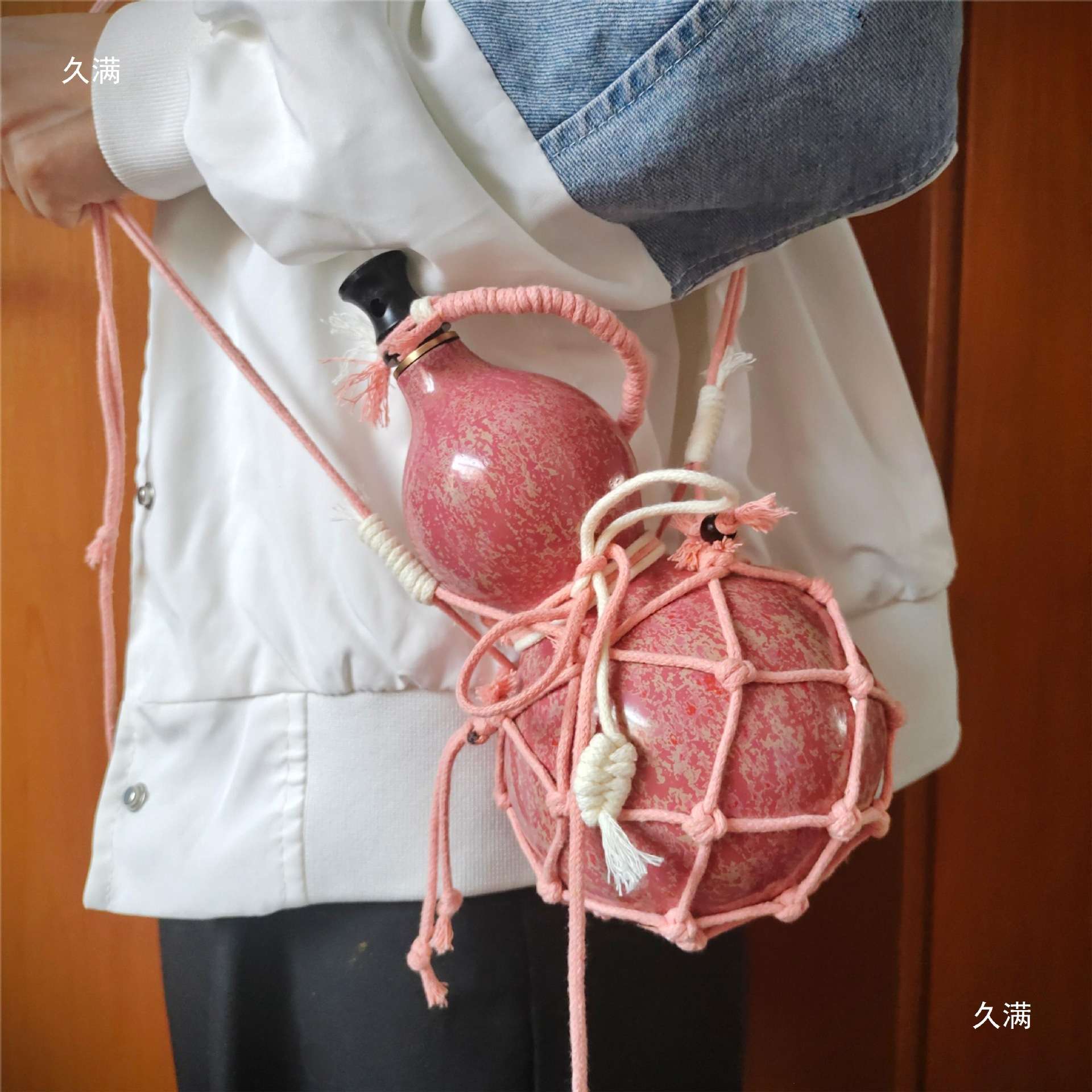 大漆葫芦酒壶网兜背绳酒葫芦斜挎背带手工麻绳水壶编绳带钱龟甲