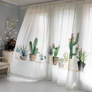 北欧田园现代小清新植物落地成品白色窗帘窗纱半遮光可定制仙人掌