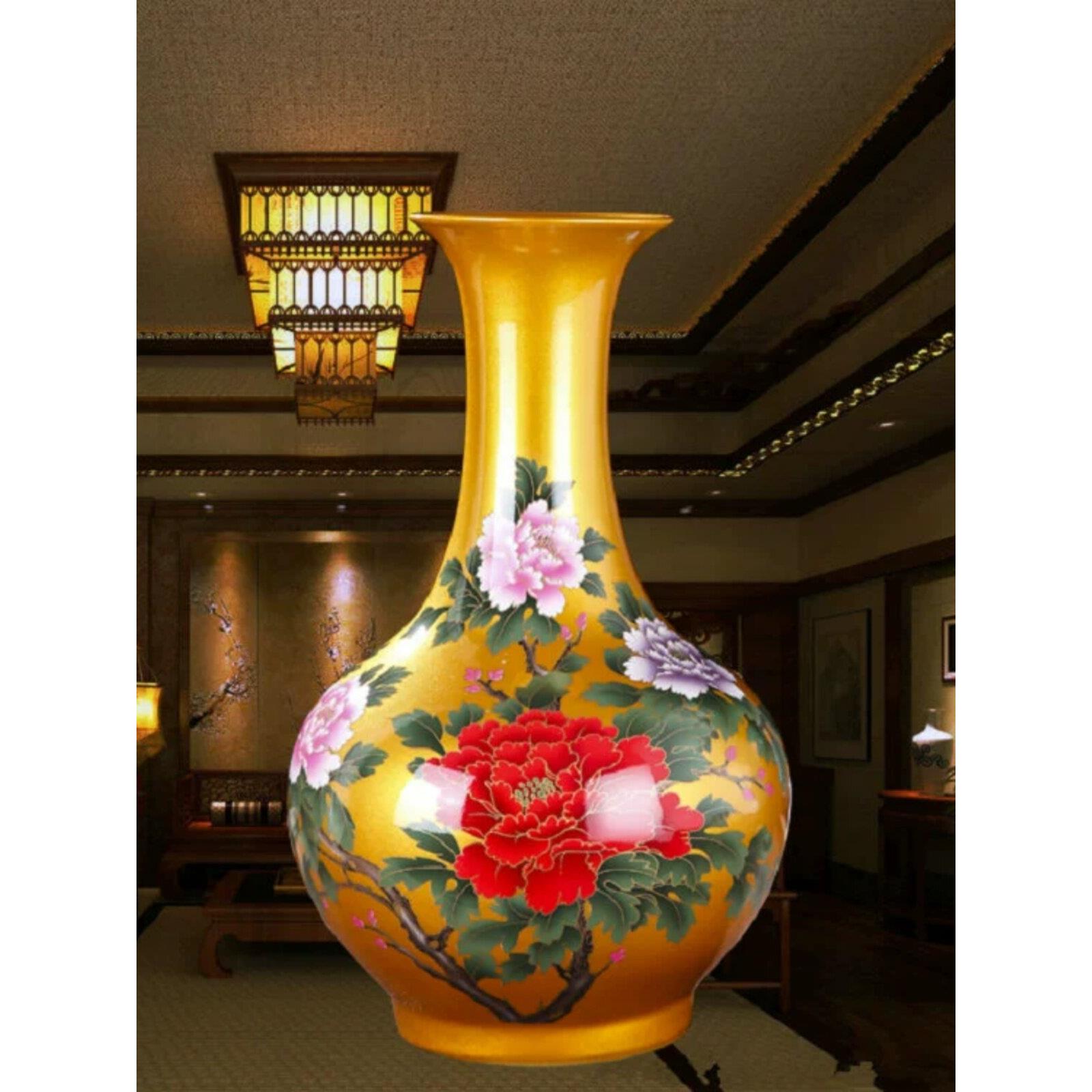 景德镇陶瓷器花瓶红色黄蓝牡丹插花家居现代中式客厅摆件装饰摆设
