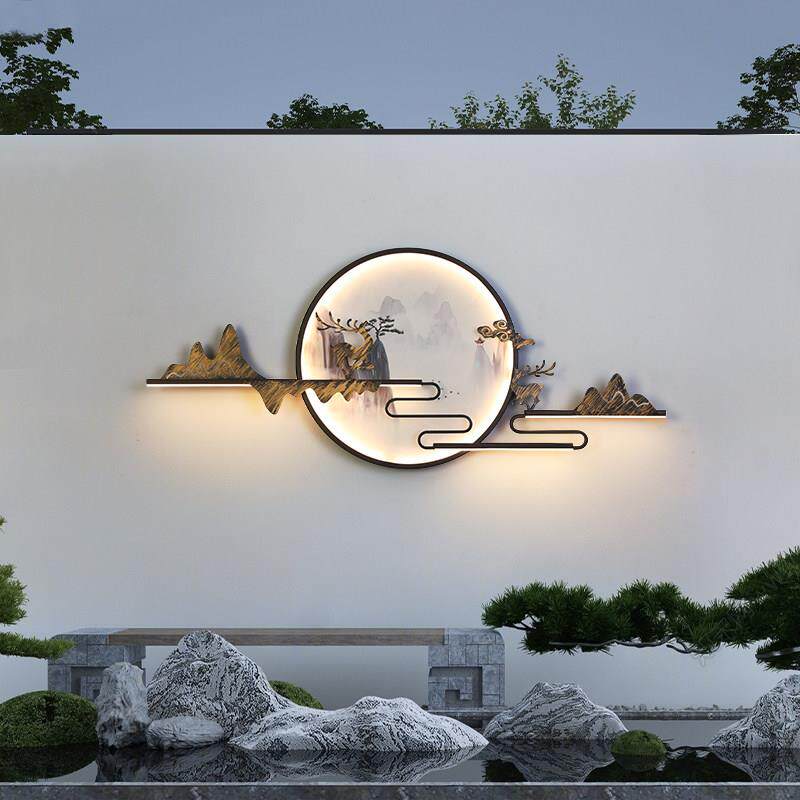 中式户外防水壁灯太阳能别墅庭院背景墙影壁墙山水景观室外壁画灯