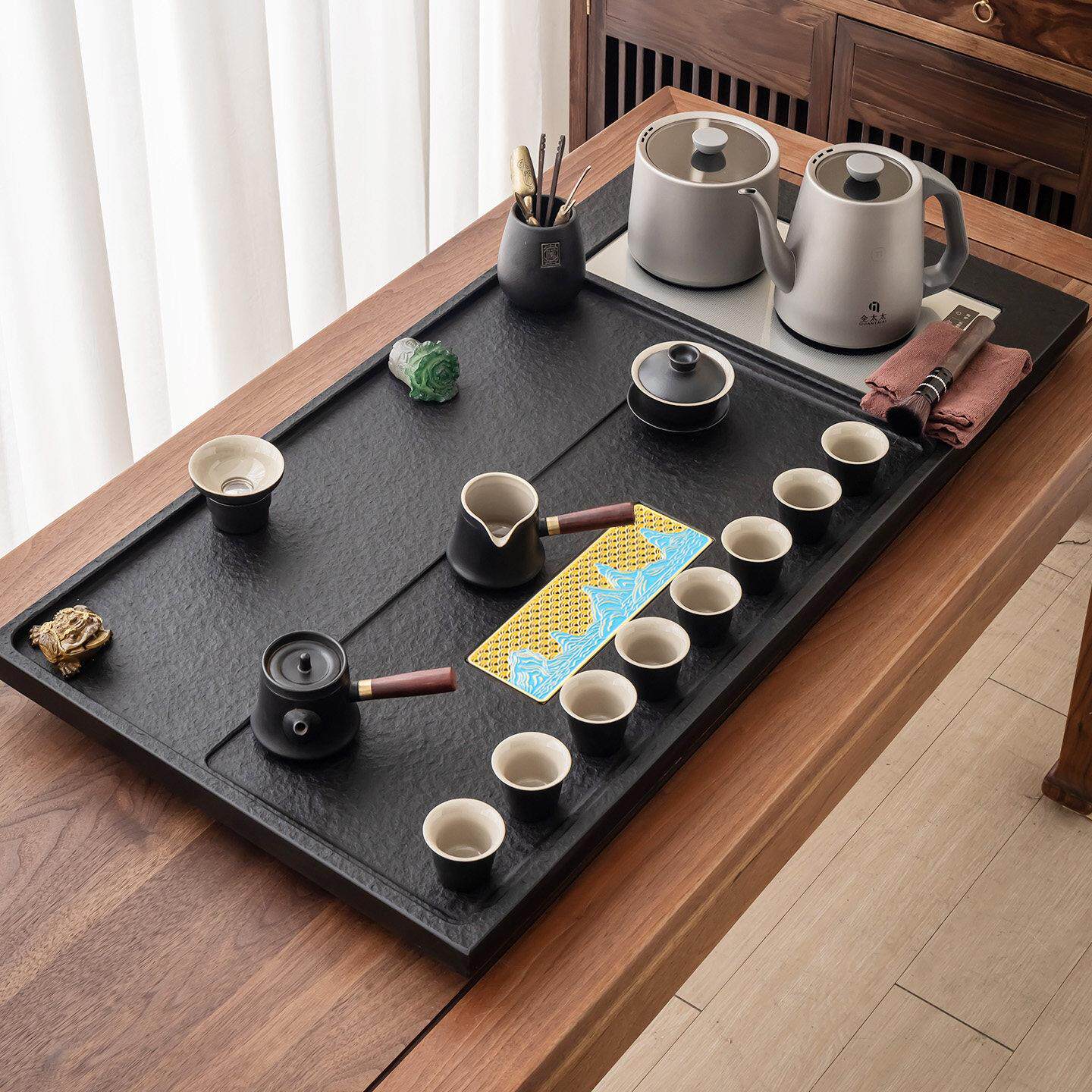 天然乌金石茶盘家用套装整块全自动一体带电磁炉石头茶台功夫茶具