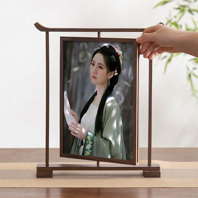 窗櫺式旋转相框中式高级感居家桌面装饰实木摆台洗照片装裱A4画框