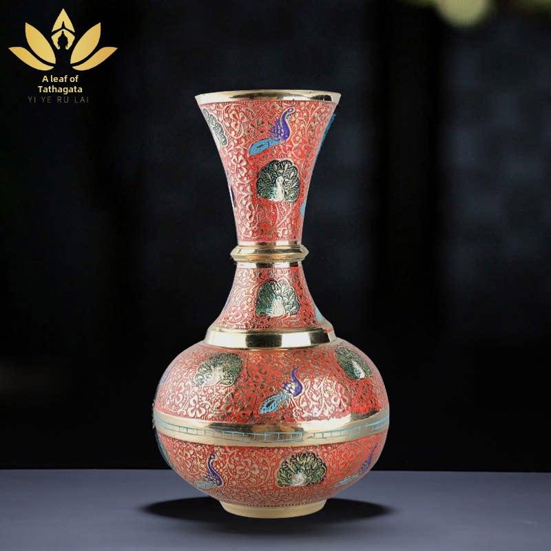 采购产品孔雀彩绘花瓶装饰品，佛前花瓶，净水花瓶，印度手工铜花