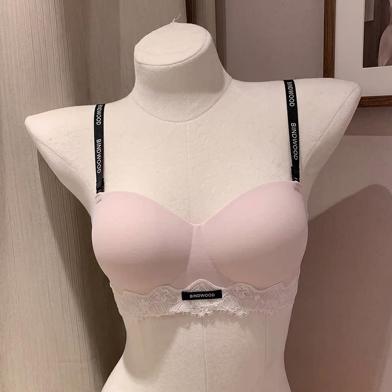字母肩带蕾丝半杯内衣女小胸聚拢显大无钢圈加厚俏皮少女蜜桃文胸