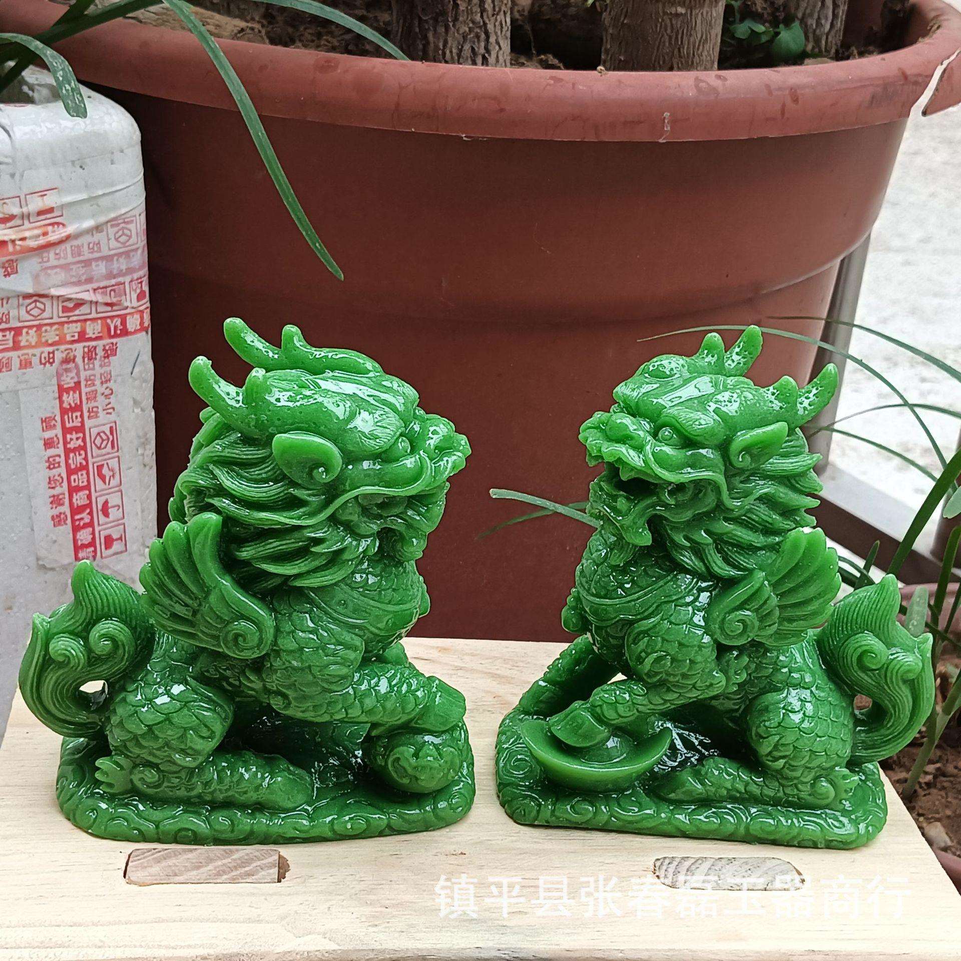 厂家绿麒麟树脂家居办公摆件仿寿山石麒麟一对摆件工艺品