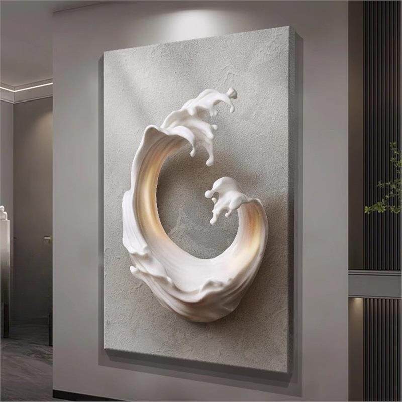 轻奢高级感入户玄关装饰画浮雕立体感走廊过道壁画海浪客厅落地画