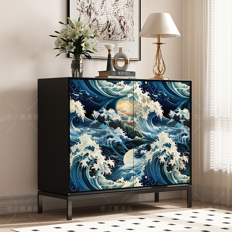 复古蓝色海浪装饰客厅小柜子墙纸翻新斗柜改造家具纸自粘防水