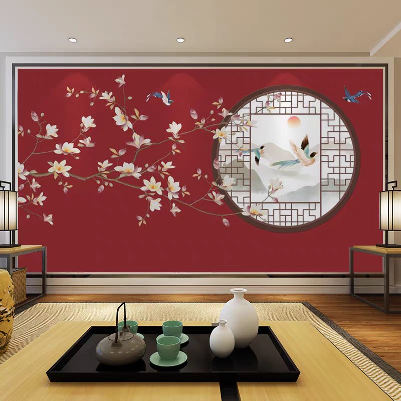 中茶室墙电视背景墙自粘墙壁画雅舍兰香鸟包厢墙布