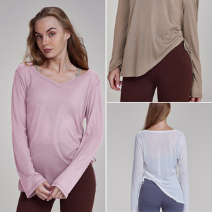 遮臀褶皱抽绳t恤宽松休闲运动t恤健身上衣 女新款 LU同款 瑜伽服罩衫