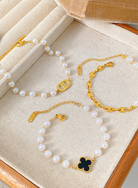 新款轻奢珍珠CD四叶草手链手串