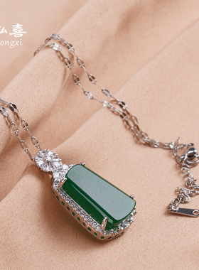 新中式国风绿色几何掉吊坠项链女